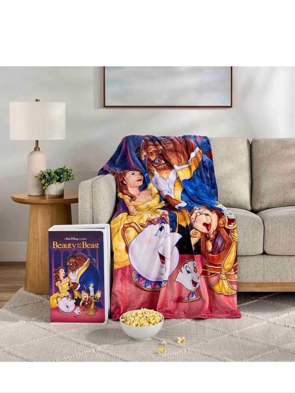 Disney Beauty and the Beast Plush Throw Blanket And Container VHS Look.